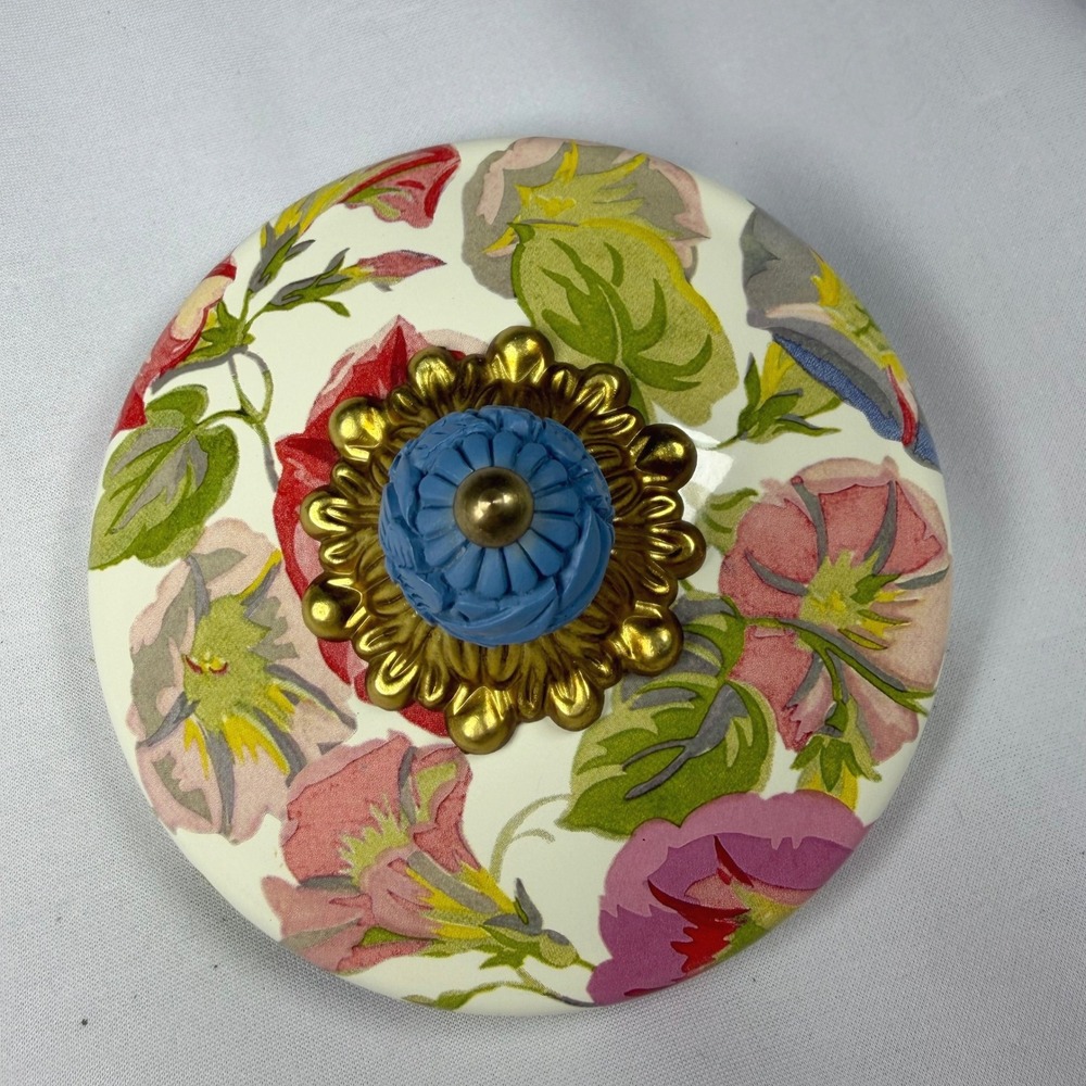 MacKenzie Childs Morning Glory Replacement Lid Ceramic Brass Blue Carved Finial